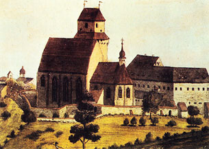 Haslach, Pfarrkirche und Pfarrhof um 1780 